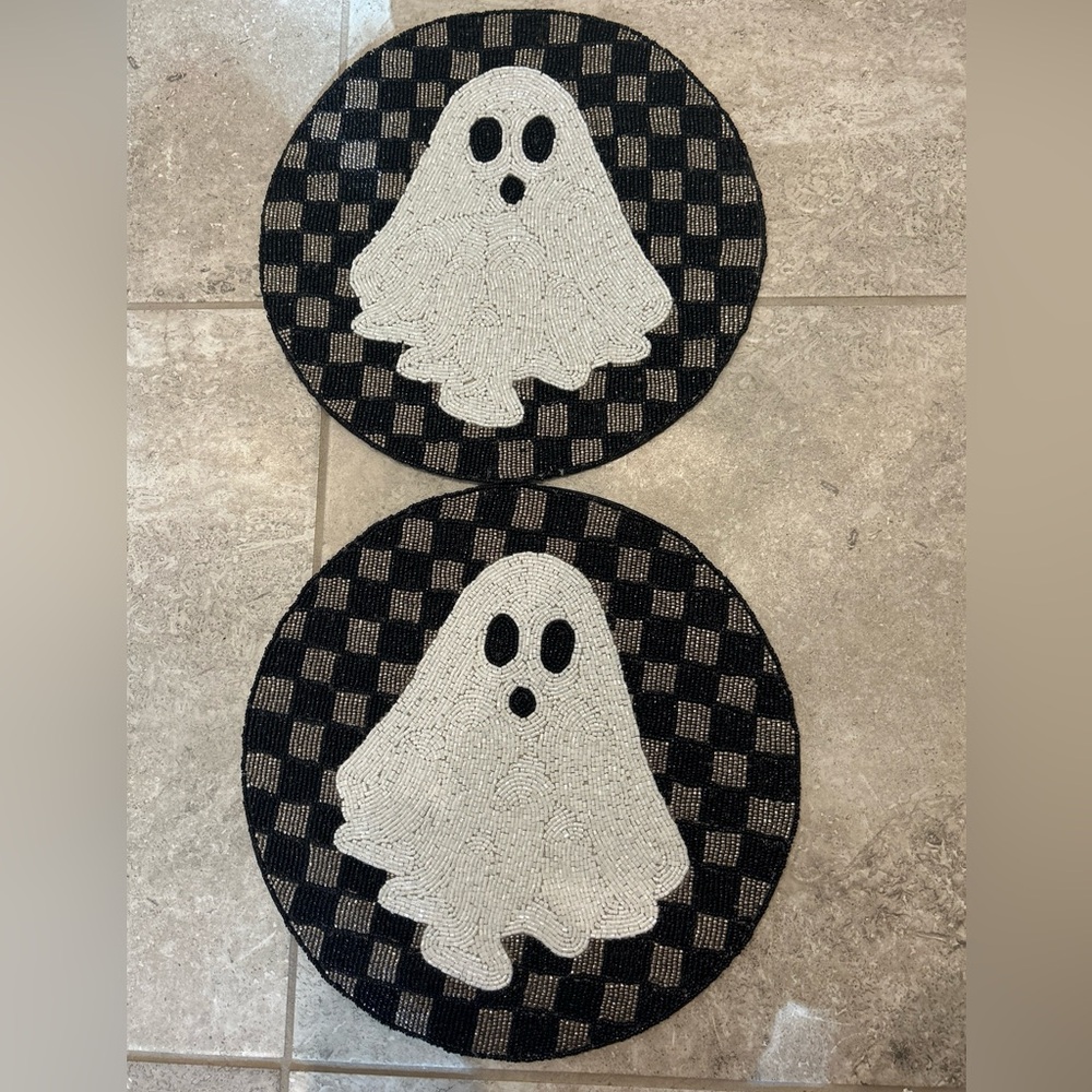 2x Tahari Halloween Ghost Checkered  Beaded Placemat Centerpiece Charger 14”